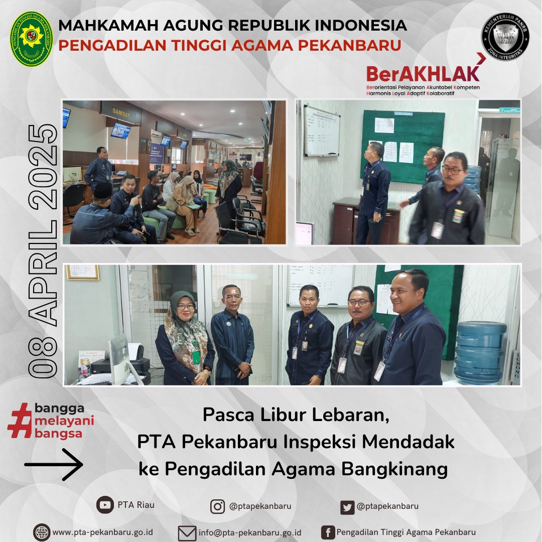 Bangkinang, 08 April 2025

Di hari pertama kerja setelah libur dan cuti bersama Hari Raya Idul Fitri 1446 H, Tim PTA Pekanbaru melakukan Inspeksi Mendadak (Sidak) ke Pengadilan Agama Bangkinang.