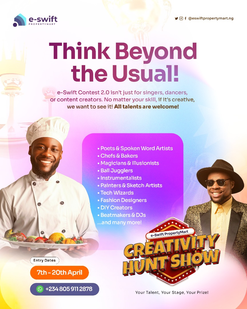 🚨The Contest has begun!🔥
Detailed instruction on how to join the contest. Join now and make your mark!
🏆Grand Prize: ₦500k
🥈First Runner Up: ₦100k
📅Entry: 7th-20th April
#eSwiftContest2 #eSwiftPropertyMart Yahoo Wizkid Davido #realmeC75 #AbujaMassacreAlert #eSwiftContest