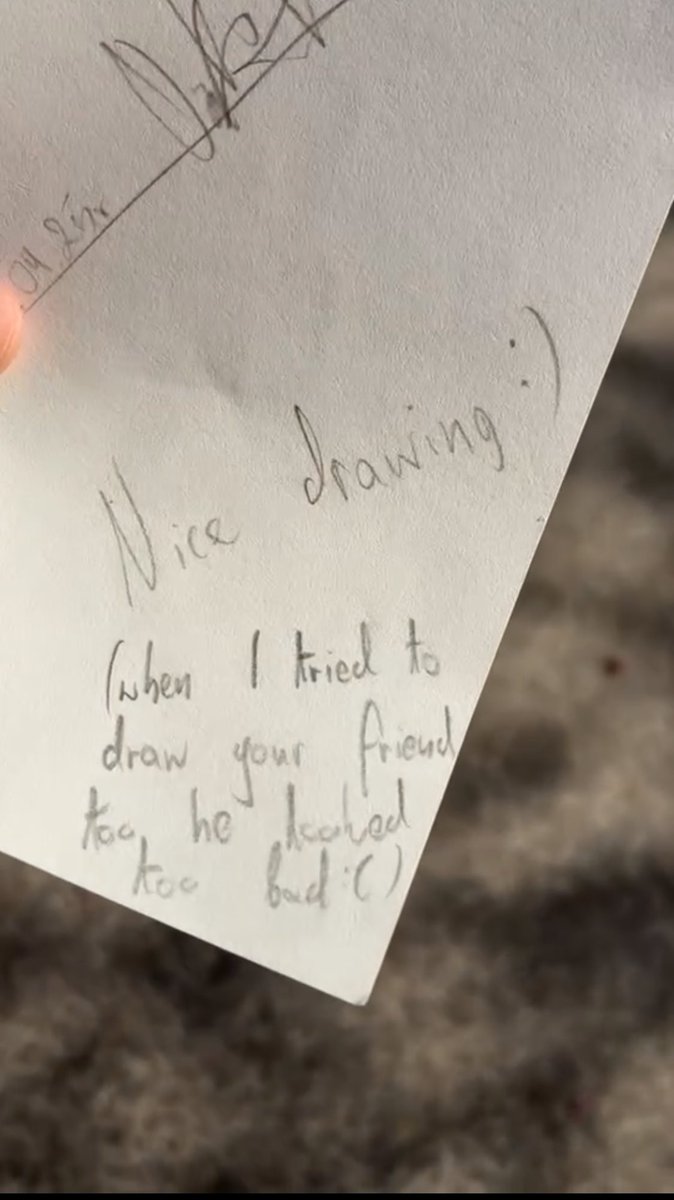 J’étais dans un parc avec un pote, et là y’a une anglaise qui vient vers mon pote lui donner un dessin de lui. 
Je vois qu’elle m’a très vite fais dessiné, et regarder ce qu’il y’a derrière le dessin c’est trop grave 

"J’ai essayé de dessiner ton ami mais il était trop moche" 🦧