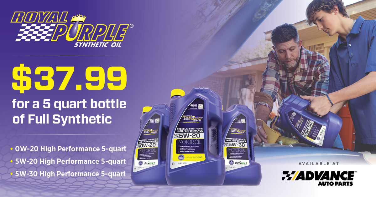 Royal_Purple's tweet photo. It's time to stock up and save on Royal Purple® High Performance Synthetic Motor Oil at @AdvanceAuto. Now through 4/30, select 5-quart bottles are on sale for $37.99. Shop in-store or online now to redeem. #NeverSettle #NeverSettleForGoodEnough #ChooseRPNeverSettle https://t.co/YSsN9QKwcn