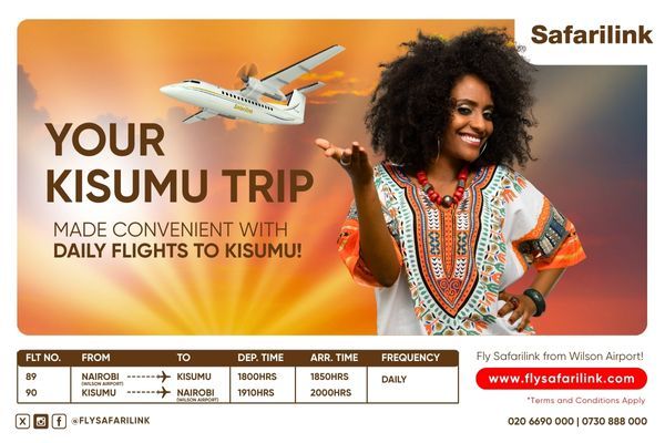 Exciting news for travelers! We've increased flights to Kisumu with options from morning to evening. Use coupon code kisumu7 for a 7% discount on airfare. Book now at flysafarilink.com to explore Kisumu comfortably and in style. Don't miss out!