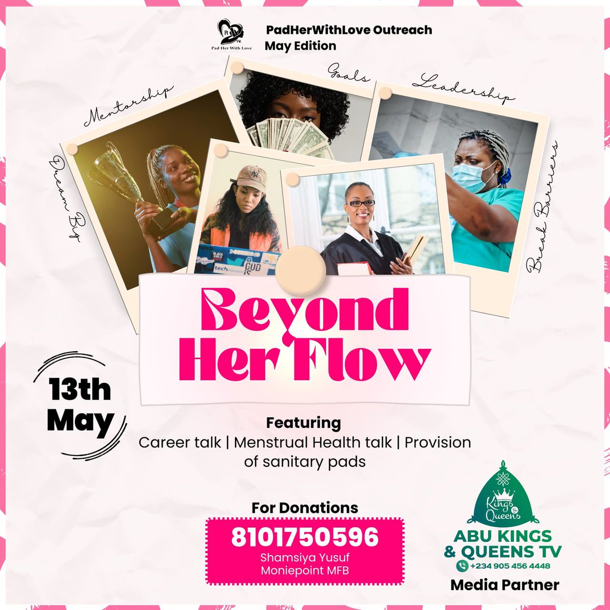Pad_Her_'s tweet photo. On the 13th of May, we would be having our outreach and it is themed "Beyond Her Flow" 

On that day, we would be educating young girls, giving out pads and hosting a career talk to inspire these young girls.

as always, we can't do this without you💖

#BeyondHerFlow 
#PadHer https://t.co/9AB6YLIjjs