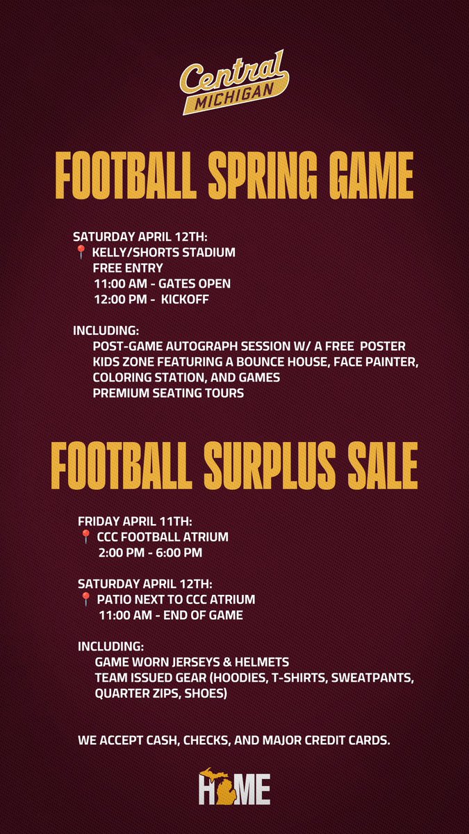 Come get a Sneak peak of your Chippewas in the Spring @ Kelly Shorts!
•Family Fun
•Autographs
•Gear Sale
•FOOTBALL.‼️