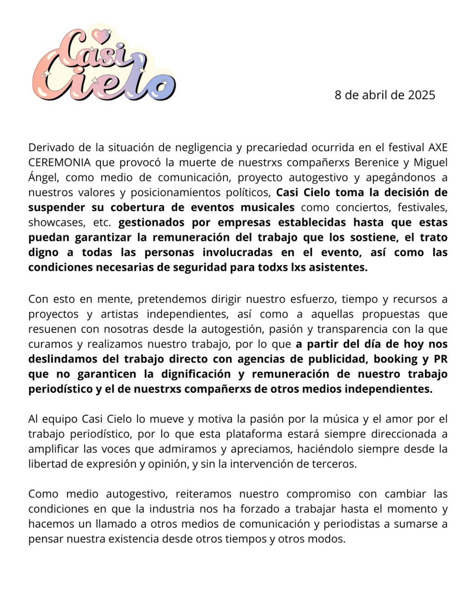Casi Cielo se une al paro de medios convocado para el día de mañana, 9 de abril de 2025, y toma las siguientes medidas para su trabajo posterior.