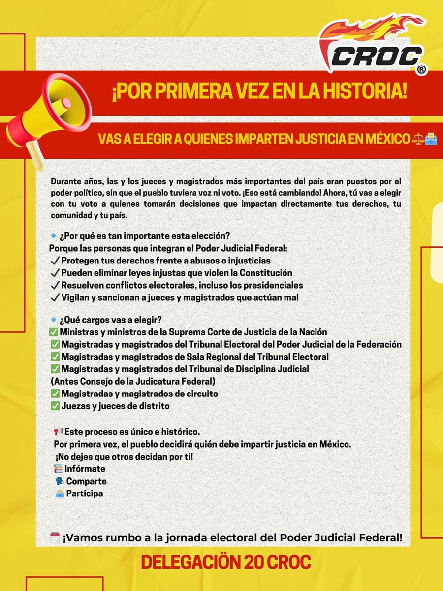 ⚖️ Por 1ª vez en la historia, tú vas a elegir a juezas, jueces, magistrados y ministras.
📢 Cada martes te vamos a explicar de forma sencilla:
👉 Qué es el Poder Judicial
👉 Qué cargos se eligen
👉 Y cómo será el proceso

🔗 Infórmate: candidaturaspoderjudicial.ine.mx