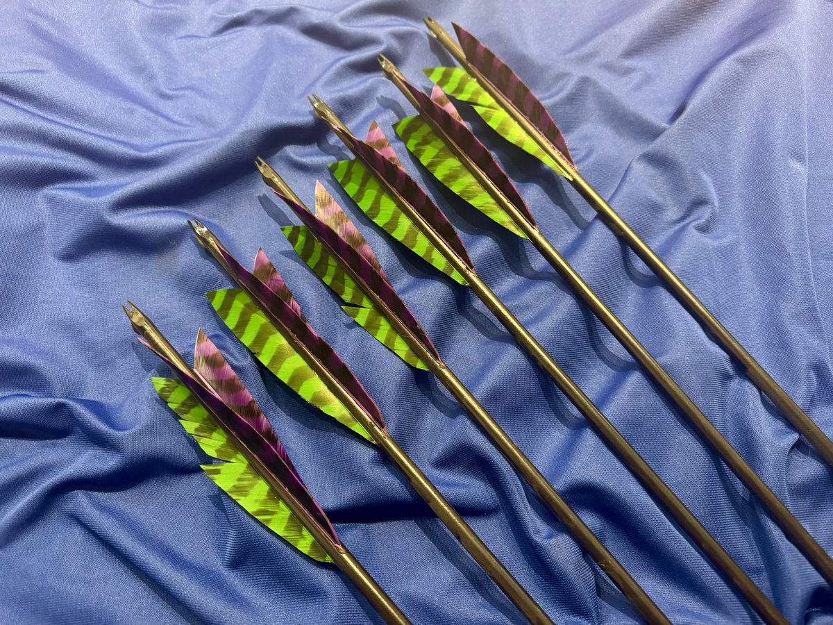 WeSellSwords's tweet photo. A half dozen set of arrows finished up this morning with barred green and purple fletching.
Crafted locally right here in our #Calgary shop ! #archery #archer #arrow #arrows #fletching #madeincalgary #madeinyyc #madeincanada https://t.co/FXCxIjhih9