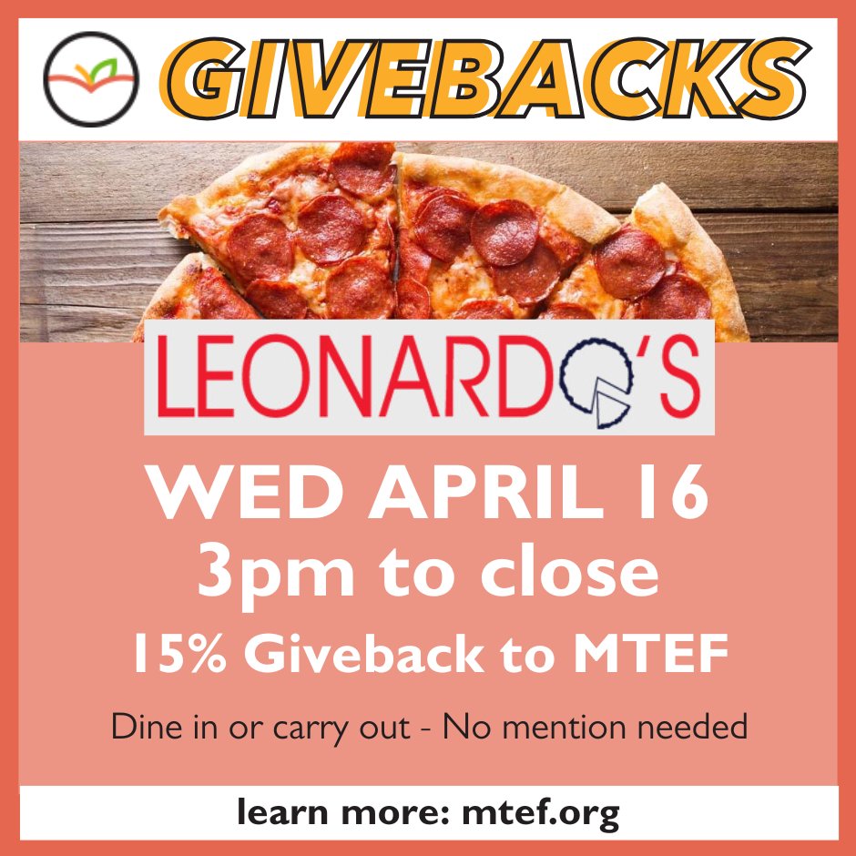 MTEFtweet's tweet photo. Put a no-cooking day in the meal plan and 15% of your order will go to MTEF. Dine in or carry out pizza, calzones, subs, pasta, or salad while supporting our students and all six schools. Excludes delivery.
Details: https://t.co/1dcvujtaZA https://t.co/XS1U0EWcnz