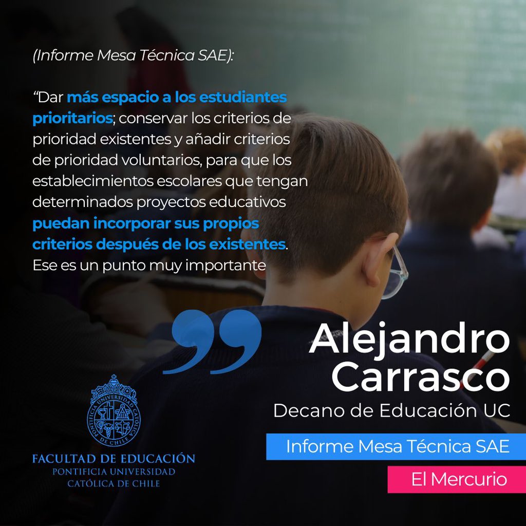 Fac_EducacionUC's tweet photo. 📚 El informe final de la Mesa Técnica #SAE del @mineduc plantea más oportunidades para estudiantes prioritarios.

🗣️ La propuesta fue respaldada en @__elmercurio por Alejandro Carrasco, decano de #EducaciónUC e integrante de la mesa.
 
🔗 https://t.co/hr6pbjygL7 https://t.co/rrRU0ohega
