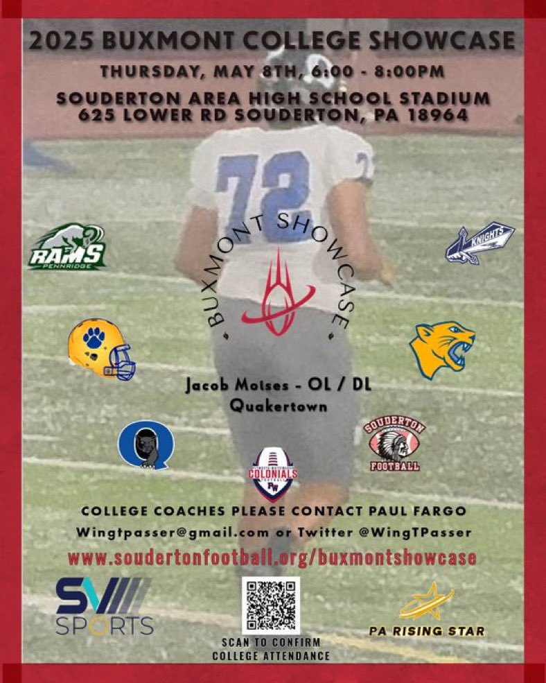 Looking forward to displaying my talents with other premier PA athletes from the area at the 2025 BUXMONT Showcase on Thursday, May 8th! soudertonfootball.org/buxmontshowcase
<a href="/PARisingStar/">PA Rising Star</a>
<a href="/svsports/">SV Sports</a>
@PRZPAvic
<a href="/PaulRobertsCuse/">Paul Roberts</a>
<a href="/ArtisticMayhem1/">Michael Pietrangelo</a>
<a href="/S1insider/">Suburban One Insider</a>
<a href="/BadgleyBruce/">Bruce Badgley</a>
<a href="/QPantherFB/">QTOWN FOOTBALL</a> 
<a href="/qtownhawgs/">Qtownhawgs</a>