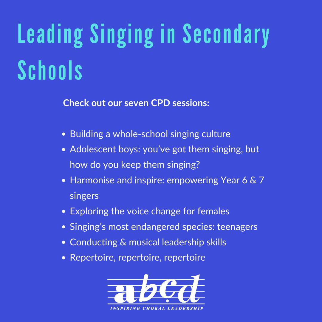 Do you lead singing with secondary aged students? Take a look at our online CPD resource Leading Singing in Secondary Schools, flexible training for anyone who wants to develop their skills &amp; confidence. 7 recorded sessions to watch at your leisure: purchase individually or the