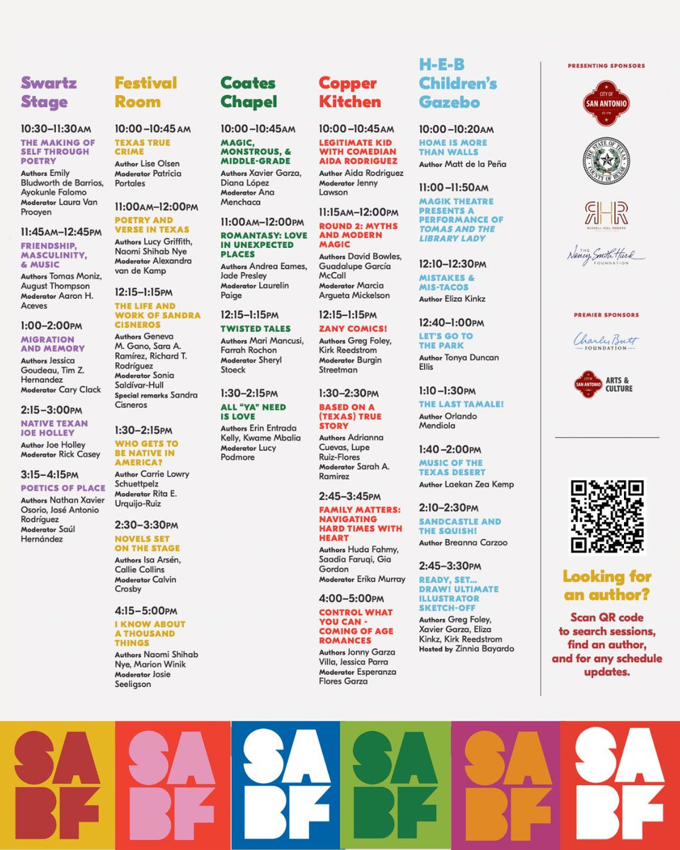 SABookFestival's tweet photo. Explore our schedule to find out when and where your favorite authors and moderators will be presenting. Don't miss a beat - plan your day now! #sabookfest https://t.co/9mbxogrOdC