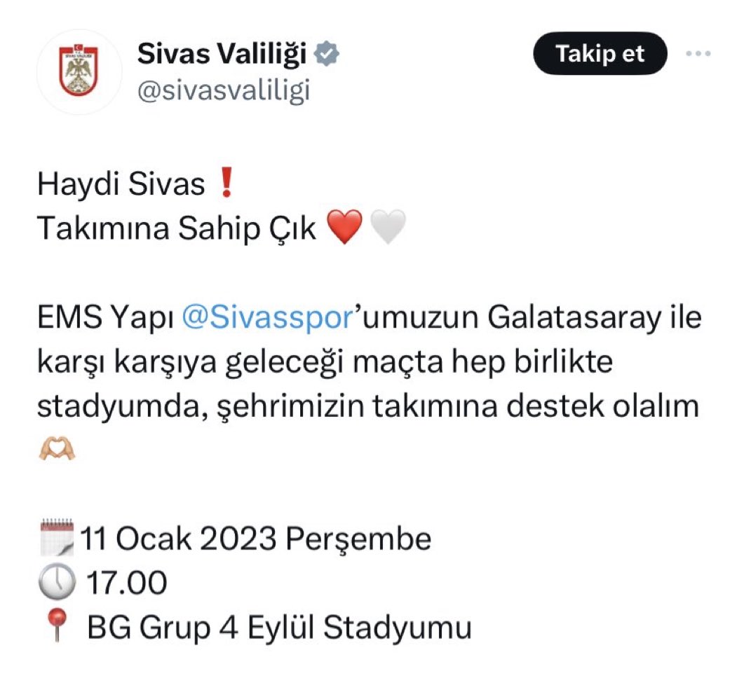 Utku (@cimbomluutku) on Twitter photo Sn Sivas Valiliği,
küme düşme mücadelesi veren şehrinizin takımına, Fenerbahçe maçı için destek çağrınızı bekliyoruz!!!!
Yoksa Türkiye’de futbol Galatasaray’a karşı oynanan bir oyun mu diyorsunuz? <a href="/GalatasaraySK/">Galatasaray SK</a> <a href="/sivasvaliligi/">Sivas Valiliği</a> Sn Sivas Valiliği,
küme düşme mücadelesi veren şehrinizin takımına, Fenerbahçe maçı için destek çağrınızı bekliyoruz!!!!
Yoksa Türkiye’de futbol Galatasaray’a karşı oynanan bir oyun mu diyorsunuz? <a href="/GalatasaraySK/">Galatasaray SK</a> <a href="/sivasvaliligi/">Sivas Valiliği</a>
