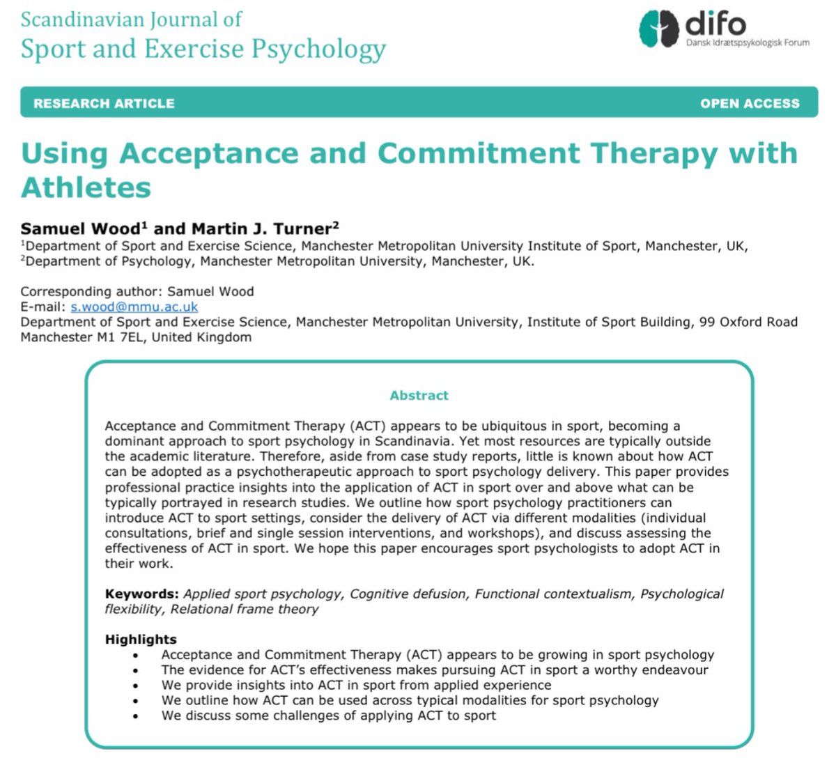 Dr Sam Wood (@sam_wood05) on Twitter photo Check out this professional practice article published today, where we explore the application of ACT in sport: shorturl.at/zf68e
If this sparks curiosity, reach out!
Big thanks to co-author <a href="/DrMJTurner/">Dr Martin J. Turner</a> for supporting this idea through to publication! Check out this professional practice article published today, where we explore the application of ACT in sport: shorturl.at/zf68e
If this sparks curiosity, reach out!
Big thanks to co-author <a href="/DrMJTurner/">Dr Martin J. Turner</a> for supporting this idea through to publication!