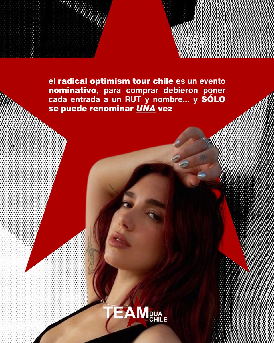 teamduachile's tweet photo. 🎟️ ¿Vas a comprar por reventa para el concierto de Dua en Chile?
 Antes de arriesgar tu plata, ¡lee esto!

🔴 El Radical Optimism Tour en Chile es nominativo: cada entrada va con nombre, apellido y RUT.
🔁 Sólo puedes renombrarla UNA vez.

👉 Si vas a comprar por reventa, exige el PDF con tus datos antes de pagar.
Y si algo huele raro, no te arriesgues.

🆘 Si fuiste víctima de una estafa, escríbenos para ayudarte a visibilizar la situación. ¡No estás solx!

📲 Desliza para informarte y compartir esta info con más fans 💬
#TeamDuaLipaChile #RadicalOptimismTour #DuaLipaEnChile
