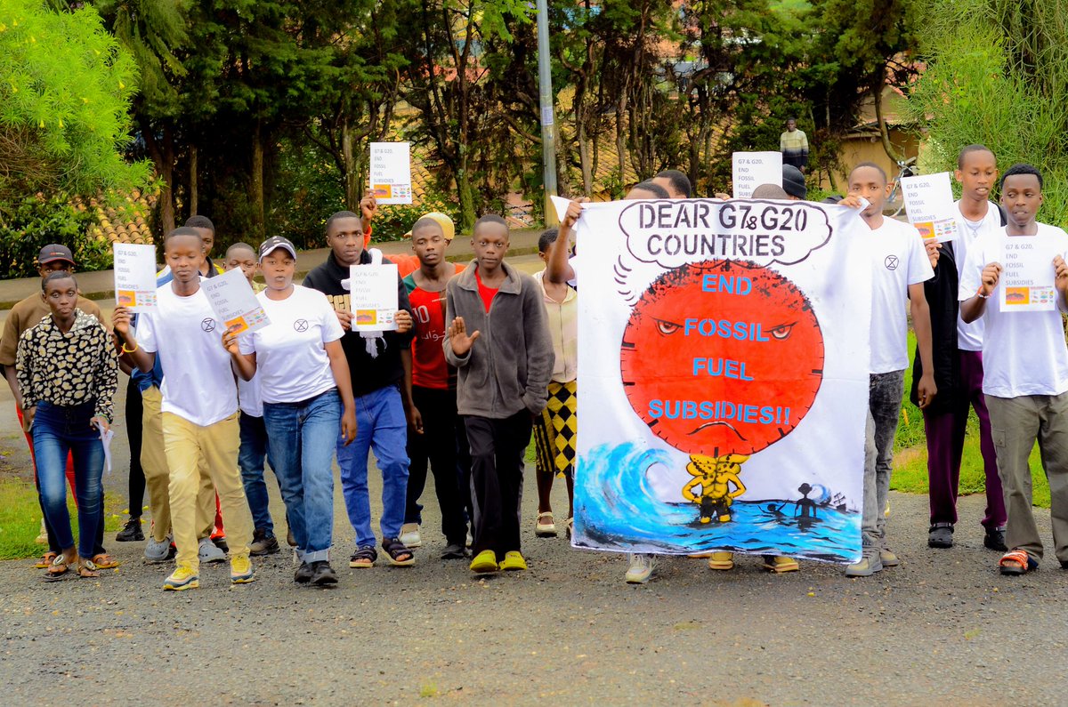 XR Green World Youth during a peaceful protest in the Southern Province of Rwanda demanding G7 and G20 countries to stop fossil fuel subsidies.