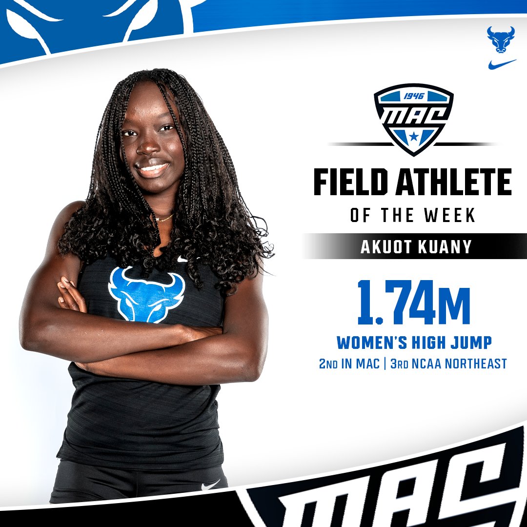 Akuot Kuany has been named the MAC Women's Field Athlete of Week!

Kuany won the high jump at Geneseo with a personal record of 1.74 meters. The freshman's mark ranks sixth in UB outdoor history.

Kuany ranks second in the MAC and third in the NCAA Northeast!

#UBhornsUP