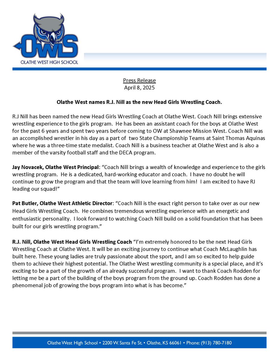 Please see the attached press release regarding new Girls Wrestling Head Coach R.J. Nill. <a href="/OWNovacekOWLS/">Jay Novacek</a> <a href="/OWGirlWrestling/">Olathe West Girls Wrestling</a>