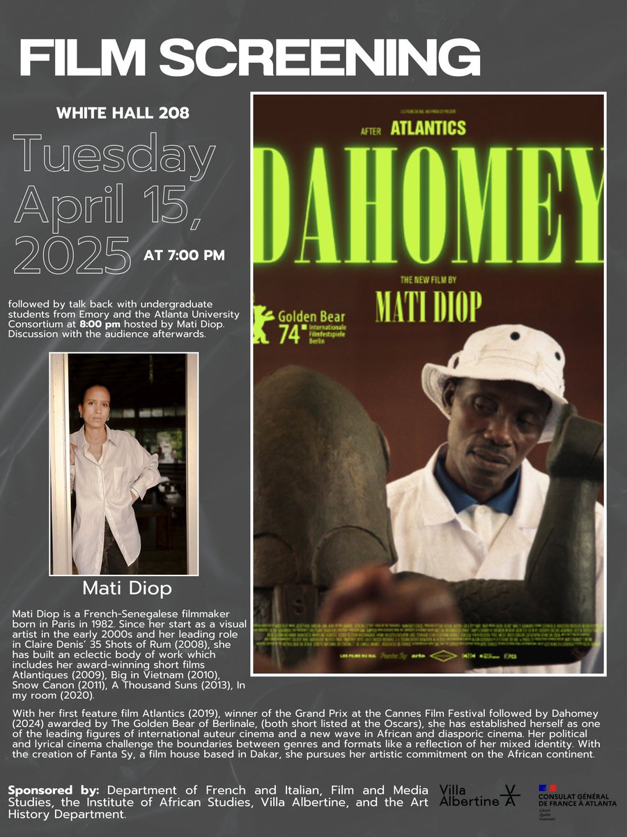 Emory African Studies (@emoryias) on Twitter photo The Department of French and Italian presents Mati Diop a French-Senegalese filmmaker.
This event is co-sponsored by the Institute of African Studies.
#africanstudies #matidiop #emoryfrenchanditalian #dahomey The Department of French and Italian presents Mati Diop a French-Senegalese filmmaker.
This event is co-sponsored by the Institute of African Studies.
#africanstudies #matidiop #emoryfrenchanditalian #dahomey
