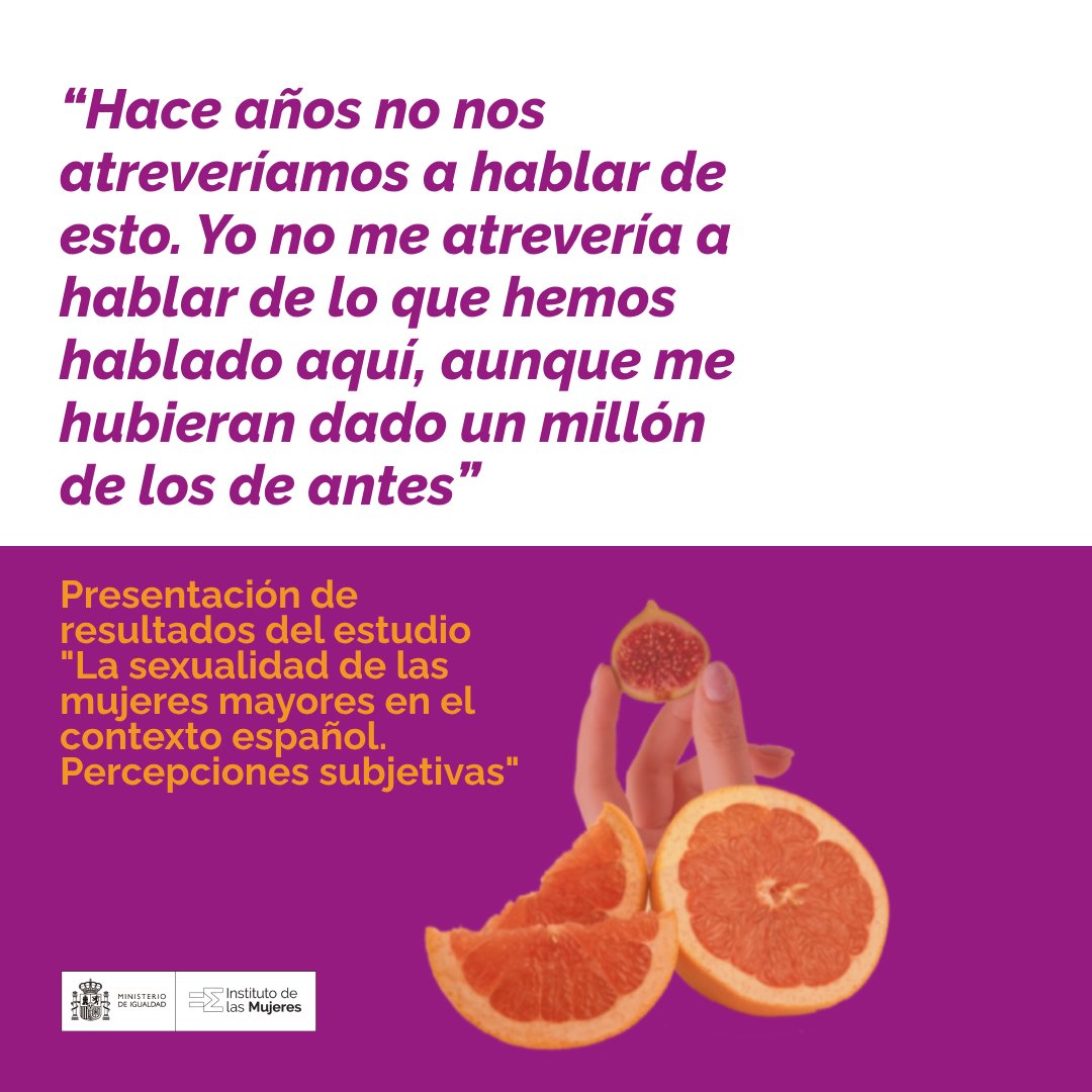 Instituto de las Mujeres (@instmujeres) on Twitter photo 🟣 ¿Cómo viven las mujeres mayores su sexualidad?
Estas son algunas experiencias de mujeres entre 65 y 80 que hemos recogido en nuestro estudio “La sexualidad de las mujeres mayores en el contexto español” y que hemos presentado hoy en el <a href="/InstMujeres/">Instituto de las Mujeres</a> 👇🏼 🟣 ¿Cómo viven las mujeres mayores su sexualidad?
Estas son algunas experiencias de mujeres entre 65 y 80 que hemos recogido en nuestro estudio “La sexualidad de las mujeres mayores en el contexto español” y que hemos presentado hoy en el <a href="/InstMujeres/">Instituto de las Mujeres</a> 👇🏼