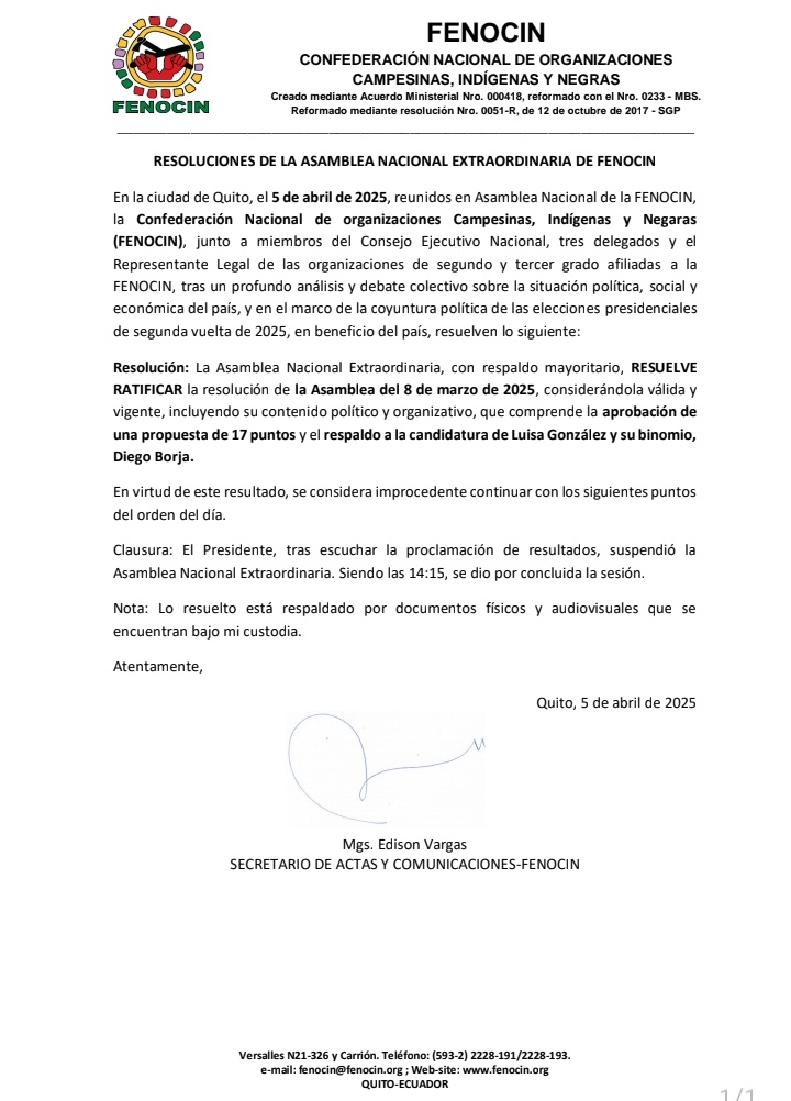 MargaritaAroti1's tweet photo. Desde el respeto a la institucionalidad y a la democracia interna de la FENOCIN, sin mentiras y en apego al diálogo con las bases, se RATIFICÓ la decisión del 8 de marzo de apoyar el proyecto político de unidad liderado por l@s candidat@s @LuisaGonzalezEc  y @DiegoBorjaPC . https://t.co/eniURTlBKH