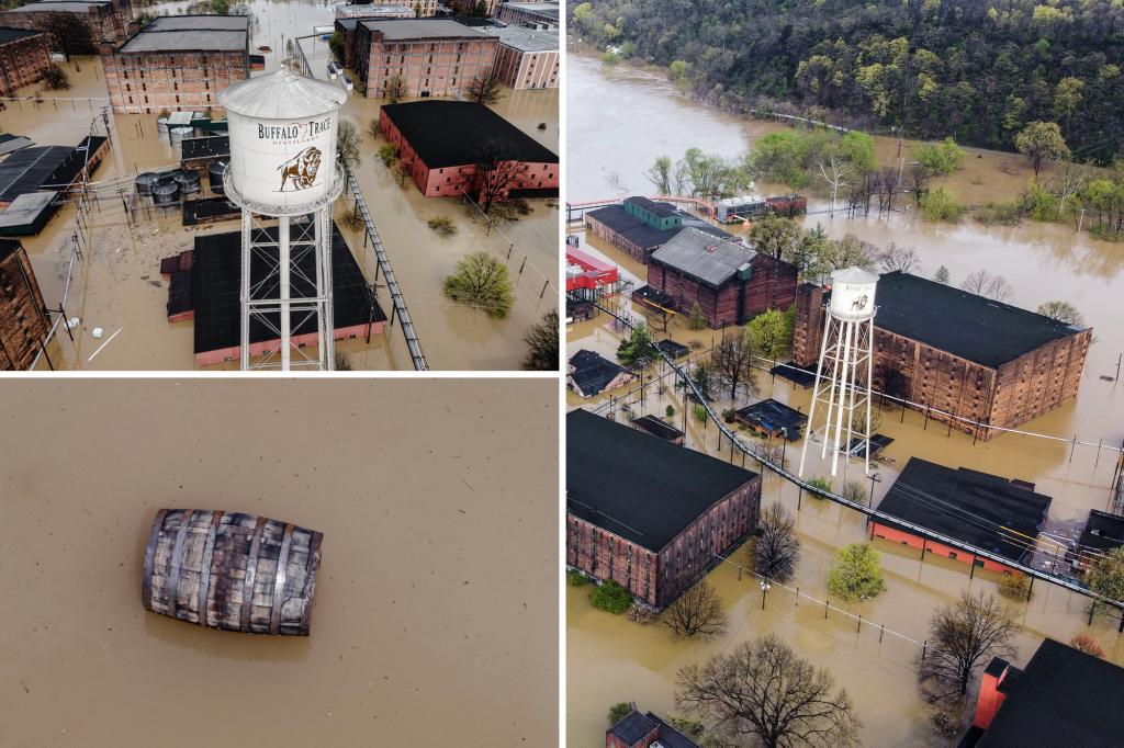nypost's tweet image. America’s oldest bourbon distillery surrounded by water after heavy rain causes catastrophic flooding trib.al/eVp0p1i