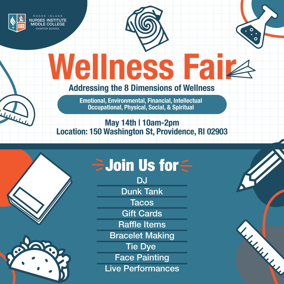 🎉 Join us for RINI’s Wellness Event on May 14th! 🎉  
Celebrate health, balance &amp; community with fun, learning, and activities.
🕙 10 AM - 2 PM at RINI  
Enjoy: DJ, Dunk Tank, Tacos, Raffles, Bracelets, Tie Dye &amp; more! #RINIWellness