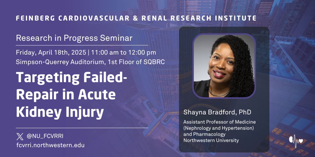 Feinberg Cardiovascular & Renal Research Institute (@nu_fcvrri) on Twitter photo Mark your calendars🗓️
Our next #FCVRRI Research in Progress Seminar will be next Friday, April 18th at 11am in the SQ Auditorium.
Our very own Dr. Shayna Bradford (<a href="/stjbphd/">Shayna Bradford, Ph.D.</a>), Assistant Professor of Medicine and Pharmacology <a href="/NU_Nephrology/">Northwestern Kidney</a> will be presenting current work in #AKI. Mark your calendars🗓️
Our next #FCVRRI Research in Progress Seminar will be next Friday, April 18th at 11am in the SQ Auditorium.
Our very own Dr. Shayna Bradford (<a href="/stjbphd/">Shayna Bradford, Ph.D.</a>), Assistant Professor of Medicine and Pharmacology <a href="/NU_Nephrology/">Northwestern Kidney</a> will be presenting current work in #AKI.