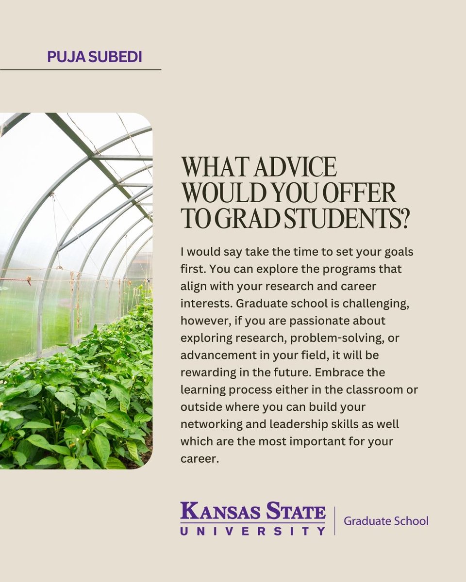 KSUGradSchool's tweet photo. This week is all about our Graduate Students! Meet Puja Subedi, a masters student in the Horticulture and Natural Resources program at the K-State Olathe. What do you love most about your field of study? Share your thoughts in the comments! #SuccessBuildsHere #KStateGradSchool https://t.co/iSVLwP6Zzm