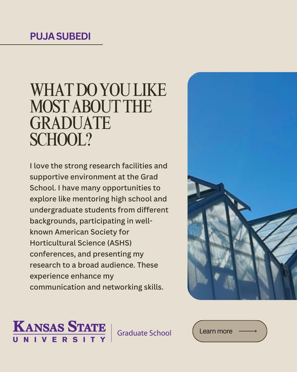 KSUGradSchool's tweet photo. This week is all about our Graduate Students! Meet Puja Subedi, a masters student in the Horticulture and Natural Resources program at the K-State Olathe. What do you love most about your field of study? Share your thoughts in the comments! #SuccessBuildsHere #KStateGradSchool https://t.co/iSVLwP6Zzm