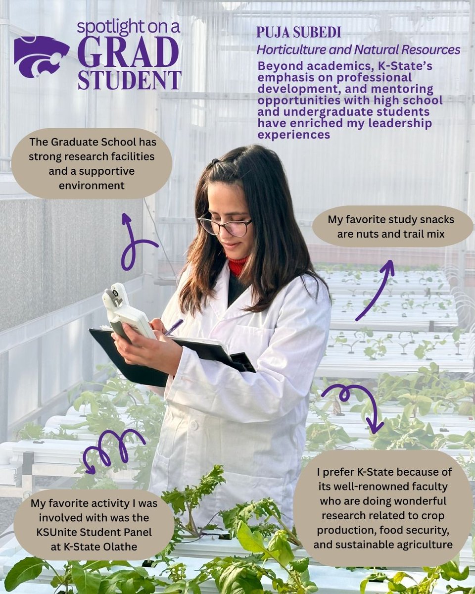 KSUGradSchool's tweet photo. This week is all about our Graduate Students! Meet Puja Subedi, a masters student in the Horticulture and Natural Resources program at the K-State Olathe. What do you love most about your field of study? Share your thoughts in the comments! #SuccessBuildsHere #KStateGradSchool https://t.co/iSVLwP6Zzm