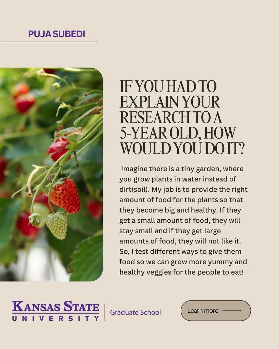 KSUGradSchool's tweet photo. This week is all about our Graduate Students! Meet Puja Subedi, a masters student in the Horticulture and Natural Resources program at the K-State Olathe. What do you love most about your field of study? Share your thoughts in the comments! #SuccessBuildsHere #KStateGradSchool https://t.co/iSVLwP6Zzm