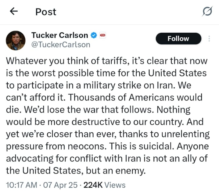 CarolineGlick's tweet photo. Tucker Carlson, we in Israel have great respect for American patriots, and certainly count your audience among them.
I want to remind you that Israel has never, and will never ask for American boots on the ground.
When our nations confront our shared enemies together, we do so for our common defense. Our joint effort to prevent Iran from becoming a nuclear armed state is about preventing war. The Iranian regime calls daily for the destruction of America and Israel, and it is actively pursuing nuclear weapons and delivery mechanisms to make those calls reality.
Americans cannot abide by the specter of a nuclear armed Iran with ICBMs any more than Israelis can accept the prospect of a nuclear armed Iran with intermediate range ballistic missiles or any other delivery mechanism.
Once we block Iran’s path to a nuclear arsenal, and we will block its path to a nuclear arsenal, one way or another, all the nations of the region will rejoice. The ones who will be most relieved, and rejoice the most will be the Iranian people, who love America as much as Israelis do.
(Incidentally, we prefer to be referred to by our actual names, the Jewish people or the Nation of Israel. Jews and Israelis also work.)