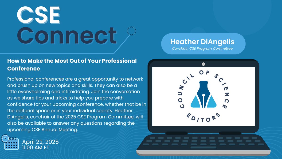CScienceEditors's tweet image. April CSE Connect: How to Make the Most Out of Your Professional Conference
Join us on April 22 at 11 AM ET as we share tips and tricks to help you prepare for your upcoming conference (including #CSEMinneapolis)! Register: councilscienceeditors.org/cse-connect