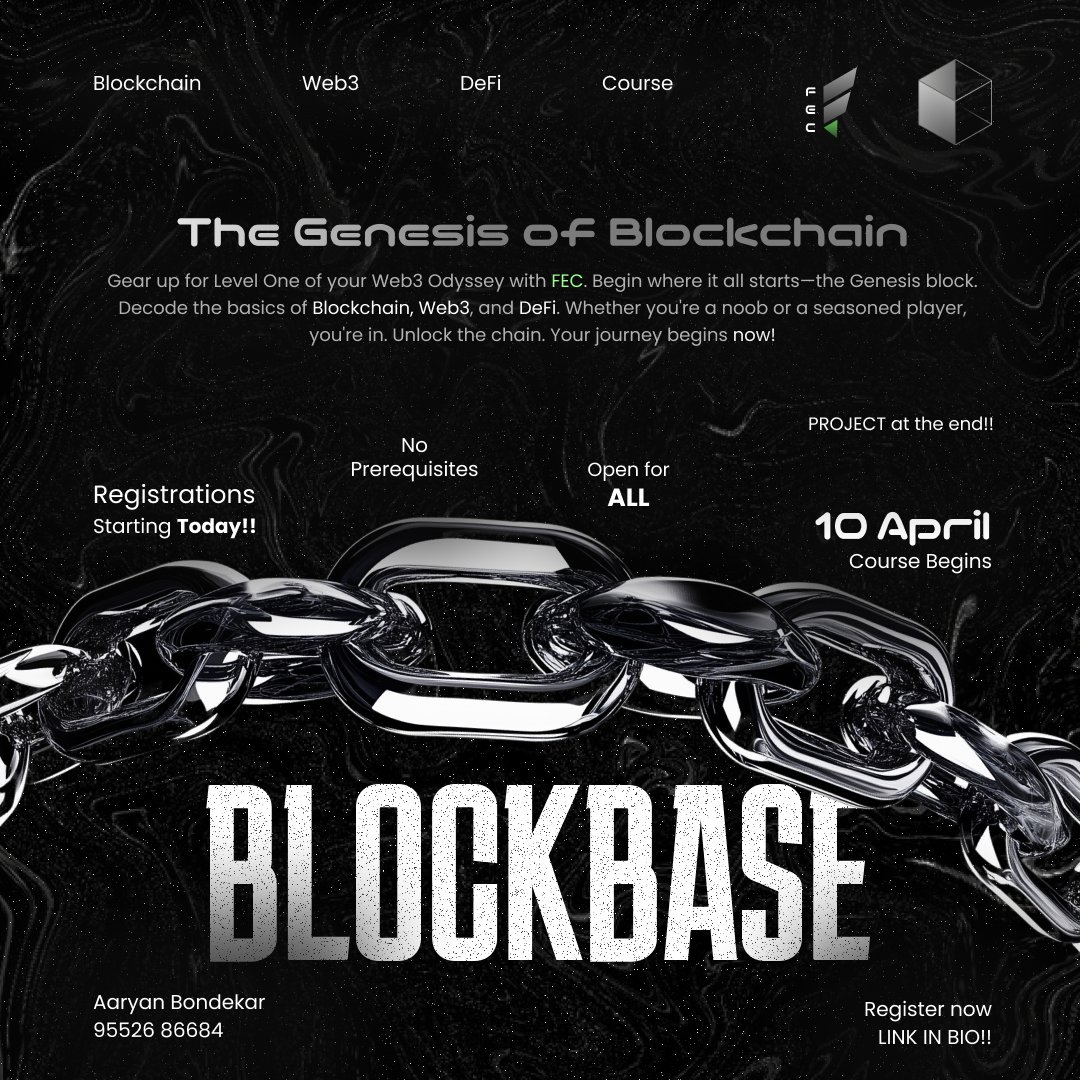 fec_iitg's tweet image. Crypto sounds cool, but Web3 &amp;amp; Blockchain got you confused?
Don’t worry — we got you. ✨🤌
Join Blockbase — FEC’s 7-day certified course starting April 10.
Learn Blockchain, Web3 &amp;amp; DeFi + build a hands-on project!

✅ No prerequisites
👉 Link in bio
#blockbase #web3 #defi #fec