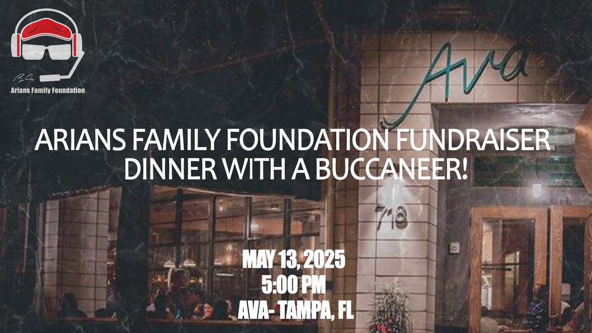 Join us for an unforgettable evening at AVA Tampa for fine dining, a great cause, and a chance to have dinner with a Buccaneer! 🏴‍☠️ 
For sponsorship opportunities visit: ariansfamilyfoundation.com