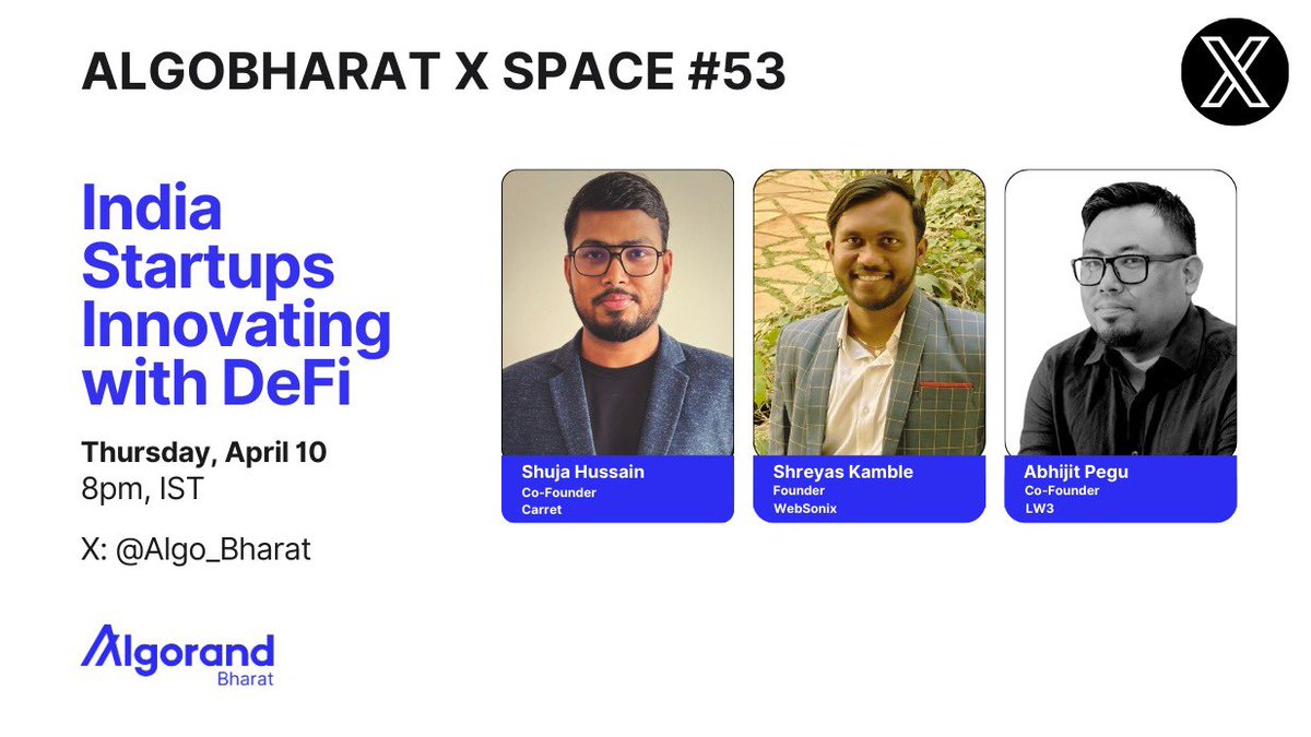 Announcing AlgoBharat X Space Episode #53. Tune in at 8pm IST this Thursday, Apr 10 for a lively discussion with the founders from <a href="/LW3India/">LW3</a> <a href="/0xcarret/">Carret : India's 1st High Yield Account</a> and <a href="/WebSoniX_Music/">WebSoniX</a>, three remarkable teams pushing the boundaries of DeFi innovation. 

Also spinning with us will be our new X