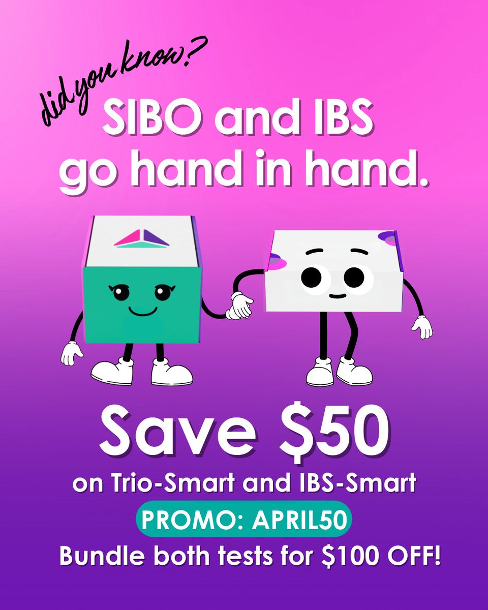 GemelliBiotech's tweet photo. ๐ In honor of #SIBOAwarenessDay and to celebrate #IBSAwarenessMonth, weโre offering:
โจ $50 off your #TrioSmart or #IBSSmart test
โจ $100 off when you bundle both!
๐ Use code APRIL50 at checkout and take the first step toward real relief.
#SIBOTesting #BreathTest #IBSTest https://t.co/AP3p1z9ndd