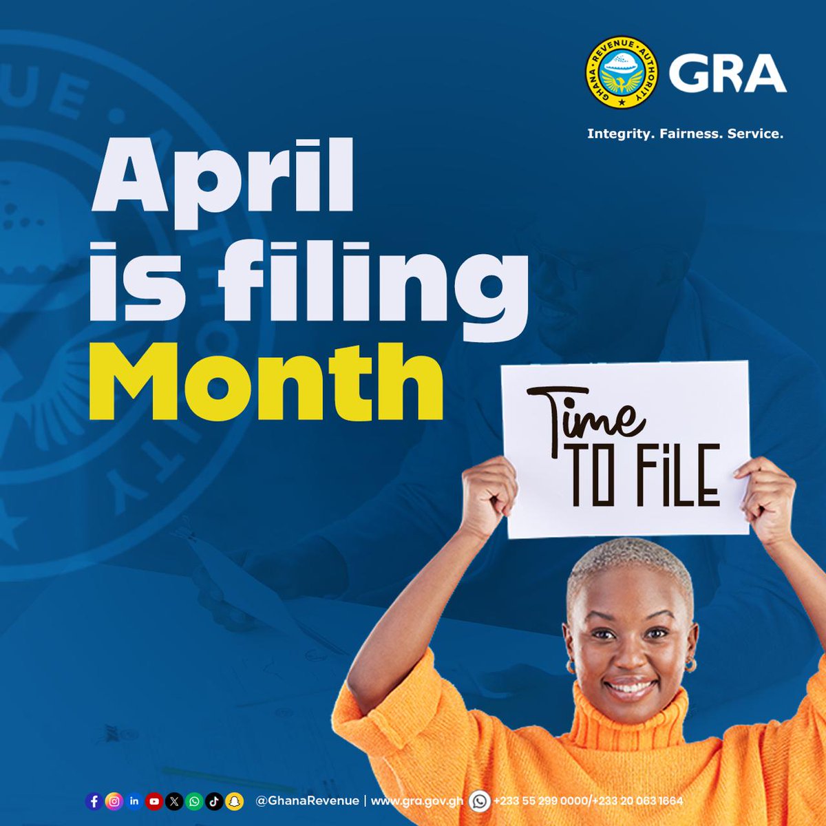 GhanaRevenue's tweet photo. Tax season is here! April is Filing Month. Make sure to gather your documents and file your taxes before 30th April 2025.
#GRA #GhanaFIRST #TaxFiling #AprilFilingMonth #Taxandgoodgovernance https://t.co/dAAsRMV5N5