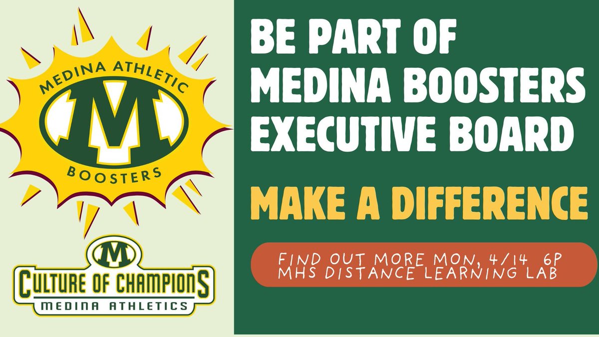 MedinaBoosters's tweet photo. The @medinaboosters will hold their monthly meeting on Monday 4/14 at 6pm in the MHS Distance Learning Lab.  We'll be talking about the start of the spring sports season, plans for the future, and open positions on the Executive Board for next year. @medinaathletics @MCScomm1 https://t.co/KEdUv0yjzr