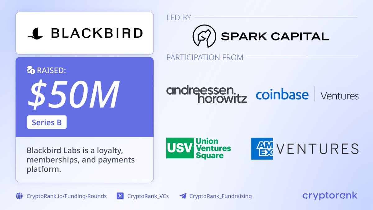 Blackbird $50M Series B Round ⚡️ 📑 About: @blackbird_xyz is a loyalty,  memberships, and payments platform. 🤝 Investors: @sparkcapital (Lead),  @a16zcrypto, @cbventures, Union @usv and AMEX Ventures. 👉