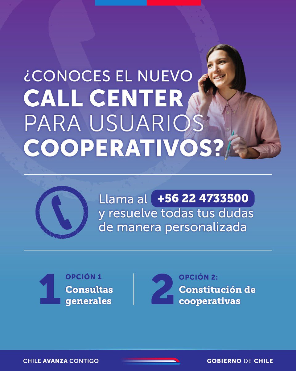 ¡Atención cooperativas! 📢

👉 Tenemos un nuevo canal de información para aclarar todas tus dudas sobre la constitución de cooperativas.

📲  Llama al +56 22 4733500 y recibe la información que requieras de forma rápida y clara.