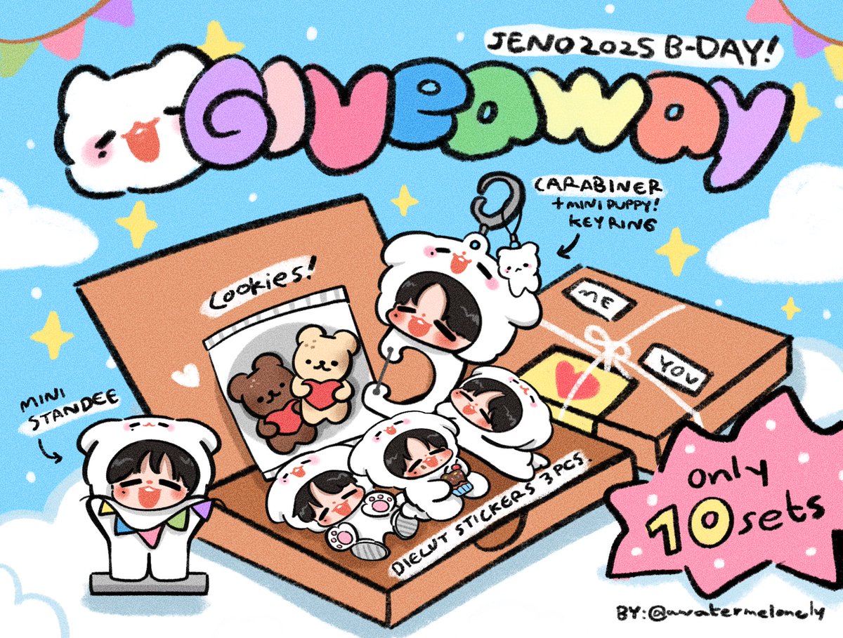 (pls rt) #HAPPYJENODAY (.◜◡◝)🎂
❣️✨ cutie puppy box sets! ✨💌

ONLY 10 sets!
- carabiner
- tiny puppy keyring
- mini standee
- diecut stickers
- bday cookies

🗓️ 23 April 25
⏰ 19.00 pm -&gt; google form drop!
pls prepare yourself for some quiz~💘

 shipping only‼️

#JENO #제노