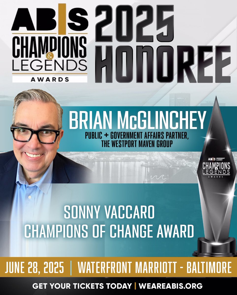 #WEAREABIS Gala Award Announcement 
Brian McGlinchey, a distinguished public &amp; government affairs partner with The Westport Maven Group, will be awarded the ABIS Sonny Vaccaro Champions of Change Award for his significant exceptional commitment to advocacy &amp; positive change.