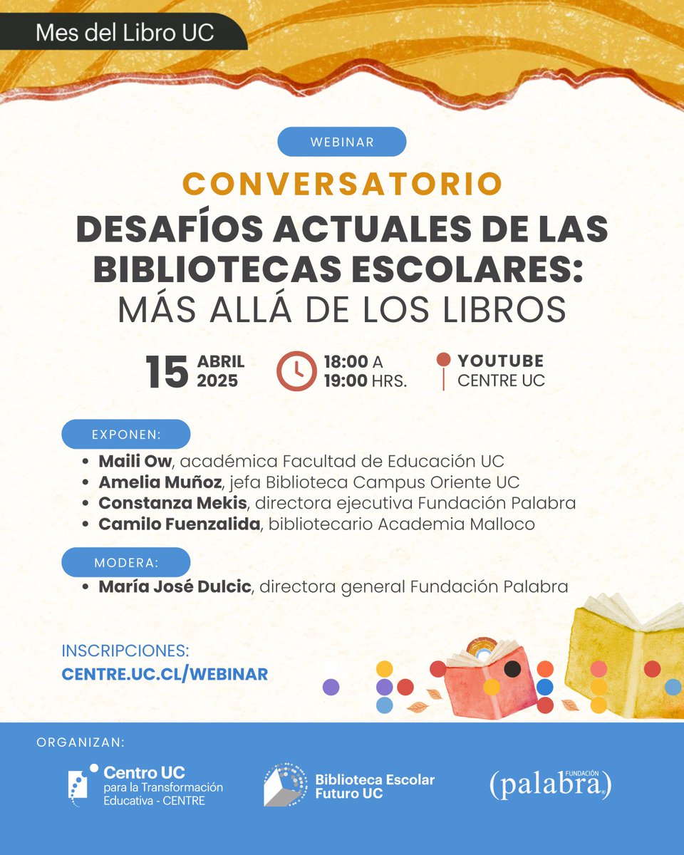 ✨¿Te gustaría conocer más sobre el rol de las bibliotecas escolares hoy en día? 📚 Súmate al conversatorio online "Desafíos actuales de las bibliotecas escolares: más allá de los libros"

🗓️15 abril, 18 hrs.

¡Inscríbete y te avisaremos cuando empiece!
🔗centre.uc.cl/webinar