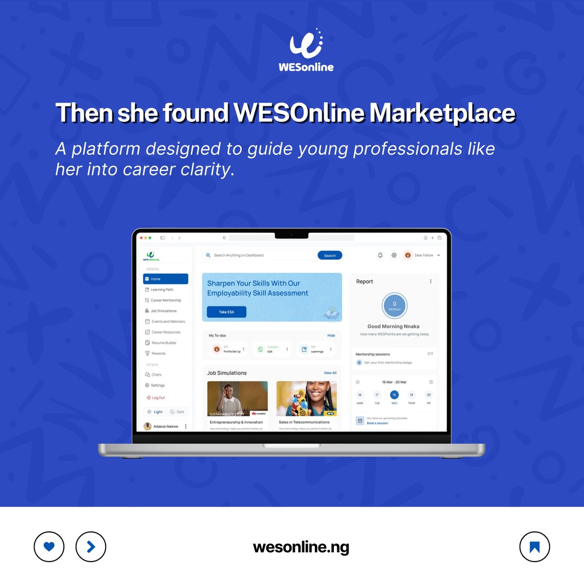 wesonlineng's tweet photo. Meet Nneka, a graduate with a degree in Business Administration but like many, she had no clue what to do next.

Then she found WESOnline Marketplace.

#WESOnline #CareerReady #GraduateLife #SoftSkillsTraining #Employability https://t.co/9d8tqMF3aA
