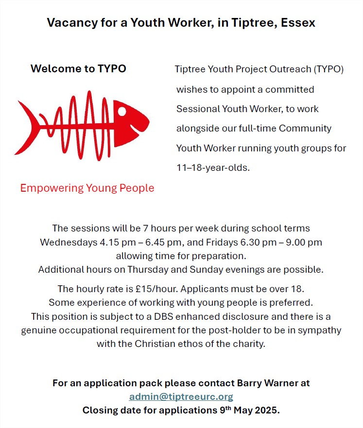 TiptreeYPO's tweet photo. 📣 Come and work with me and enhance the lives of young people in Tiptree. Wednesdays, Fridays and possibly some Thursday and Sunday early evenings too.
Apply as below or drop me a message https://t.co/gpinFNQsZi