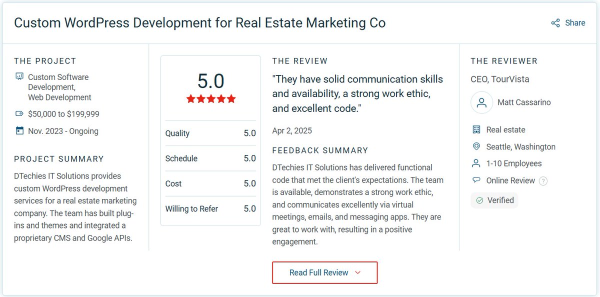 RoopeshJain's tweet image. 🚀 Client Success Spotlight!
We’re thrilled to share a glowing 5-star Clutch review from Matt Cassarino, CEO of TourVista, a real estate marketing company based in Seattle.
#ClientSuccess #WordPressDevelopment #RealEstateTech #ClutchReview #TeamDTechies