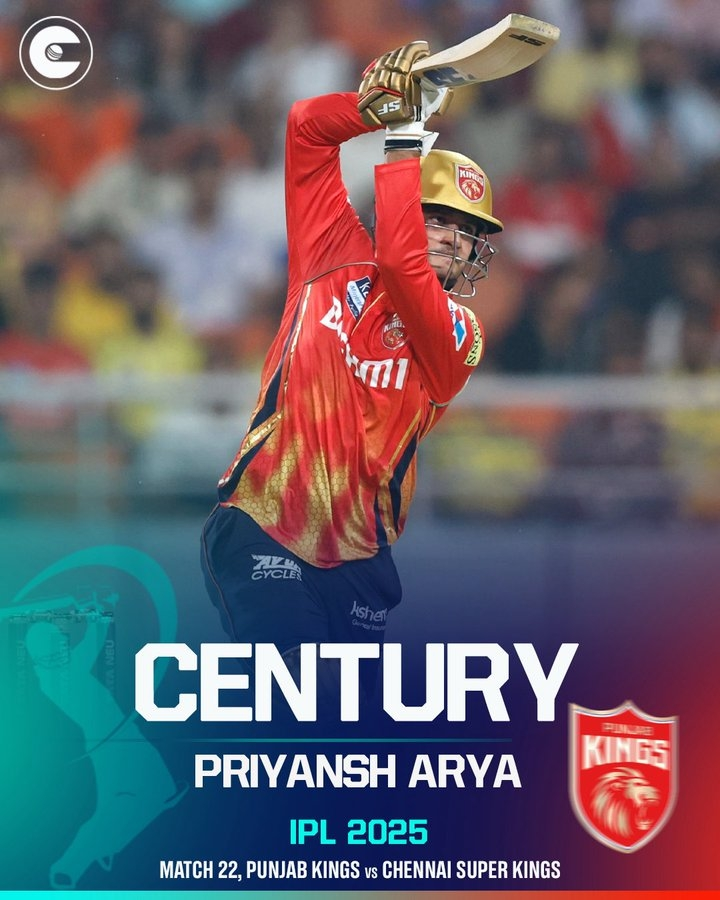 start_of_era's tweet photo. Priyansh Arya's 39-ball century! 💥 7 fours, 9 sixes!🤯 New IPL record alert? This Indian prodigy just blazed through the park! 🔥 #IPL2025 #PBKSvCSK #FastestHundred #Cricket https://t.co/iSfOviBCF9