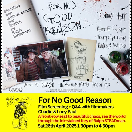 hrobinsonmuseum's tweet photo. 🎥Explore Ralph Steadman’s genius with For No Good Reason!
📆April 26 | ⏰1.30-4.30PM
Don’t miss the film + excl. Q&amp;A with creators Charlie &amp; Lucy Paul! 🎨Bonus: Includes museum access.
✨Tickets → https://t.co/AYTplK8Ecw
#RalphSteadman #ForNoGoodReason #GonzoArt @SteadmanArt https://t.co/QkpQVyvMY3