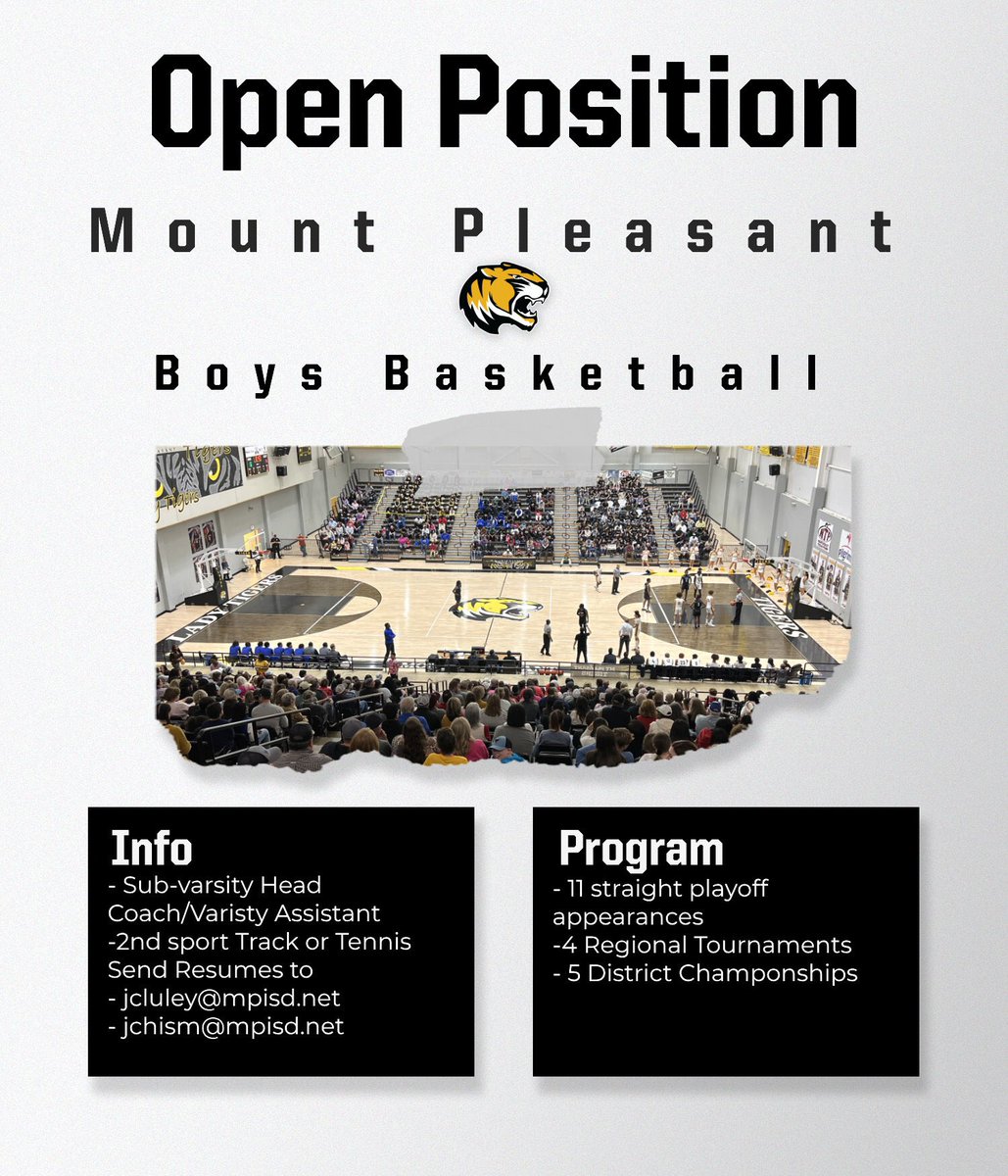 🚨 Open Position 🚨

Come join a successful program and a great school🏀 
<a href="/Joeychism1/">Joeychism</a> 
<a href="/Coach_Cluley/">Coach Cluley</a> 

#jamodi